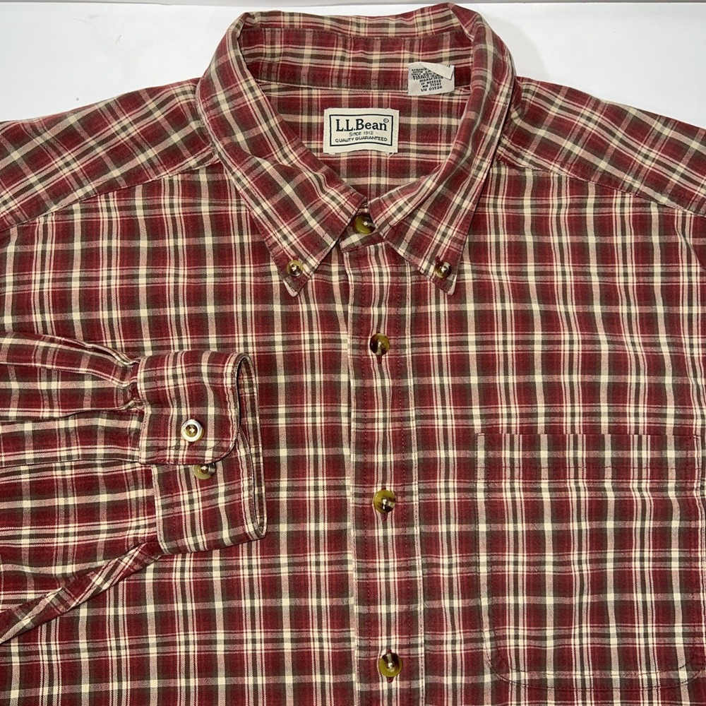 LL Bean Men's Long Sleeve Button Up Plaid Flannel Shirt Size: L-Tall 100% Cotton